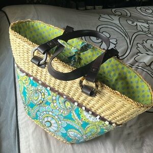 Vera Bradley Peacock Floral Straw Fabric lined Tote Bag Blue Green Shopper EUC